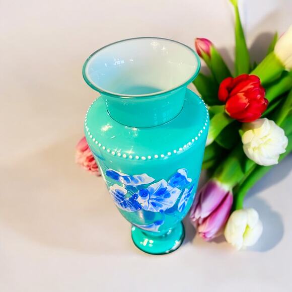 Antique Uranium Harrach Bohemian Hand Enameled Vase-Teal-Aqua-Turquoise-Glass - Picture 6 of 10